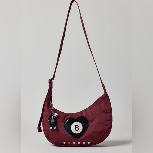 NWT BAGGU Lucky 8 Embroidered 8 Ball Medium Nylon Crescent Bag Wine Mahogany - Picture 4 of 16